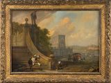 painting of a view of a city with a horse and carriage on the road