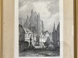 an old picture of a city with a castle in the background