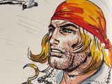 drawing of a man with a beard and a red bandanna holding a bell
