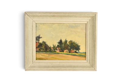 un tableau représentant un paysage avec des arbres et des maisons au loin