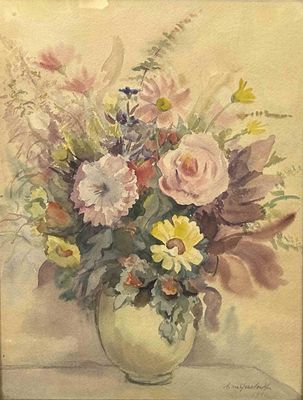 une peinture de fleurs dans un vase sur une table