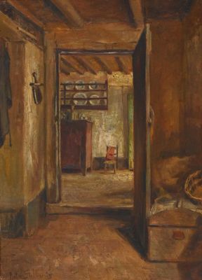 an image of a painting of a hallway with a chair and coat rack
