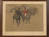 painting of two men riding horses on a road with a house in the background