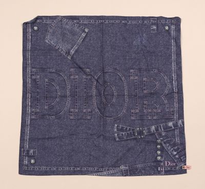 un gros plan sur une jupe en jean sur laquelle est inscrit le mot « Dior »