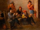 painting of a group of people sitting around a table eating and drinking