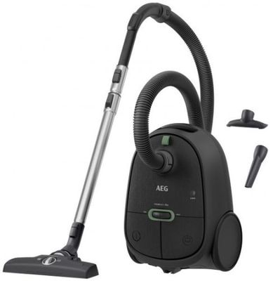 un aspirateur noir muni d'un tuyau et d'autres accessoires