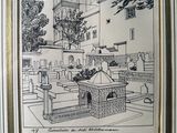 drawing of a drawing of a cemetery with a clock tower in the background