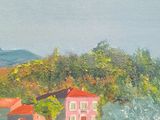 an oil painting of a field with a house and trees in the background