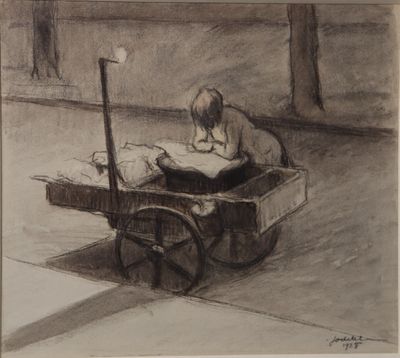 drawing of a man sitting in a cart reading a book