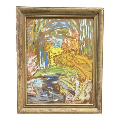 une peinture à l'huile représentant un paysage avec des arbres et un ruisseau