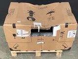 a cardboard box on a pallet with a picture of a bird on it