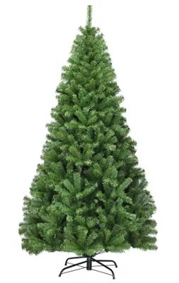 a green christmas tree on a stand against a white background