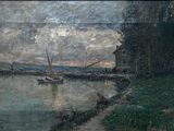 une peinture représentant un bateau sur un plan d'eau