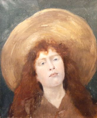 tableau représentant une femme coiffée d'un grand chapeau