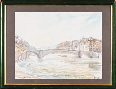 framed watercolor painting of a bridge over a river with buildings in the background