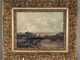 une peinture d'un paysage avec une rivière au premier plan
