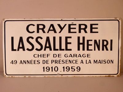 Plaque émaillée "Crayère Lassalle Henri chef de garage 49 an…