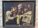 un tableau représentant deux hommes assis à une table en train de lire un livre