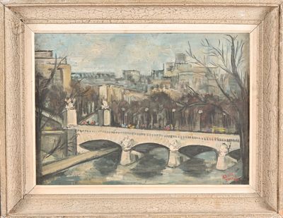 une peinture à l'huile représentant un pont sur une rivière avec des bâtiments à l'arrière-plan