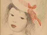portrait of a young girl with a red bow in a white hat