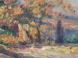 an oil painting of a landscape with trees and a building in the background