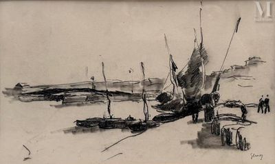 un dessin en noir et blanc représentant un bateau sur l'eau