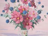 a painting of flowers in a vase on a table
