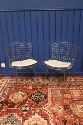 pair of chrome wire chairs on a colorful rug in a blue room