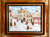 tableau représentant une scène de rue avec des personnes et des chiens dans la neige