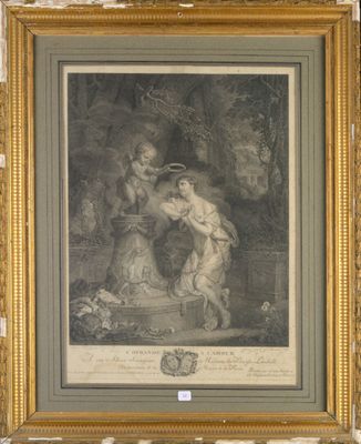 a drawing of a woman and child in a wooded setting