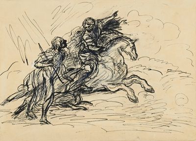 une image représentant un dessin d'un homme à cheval, muni d'une épée
