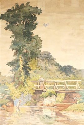 un tableau accroché au mur d'une pièce où se trouve un tableau représentant un pont