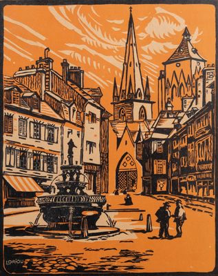 painting of a street scene with a horse drawn carriage in front of a church