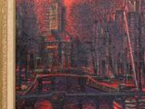 an oil painting of a cityscape with a red sky in the background