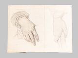 two drawings of a hand with a hat and a hand with a glove