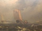 a painting of a boat in the middle of a body of water