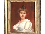 portrait d'une jeune femme en robe blanche, dans un cadre doré