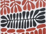 a painting of a fish skeleton on a red and white background