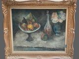 a painting of a still life with fruit and a vase