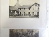 two black and white photos of horses and people in front of a building