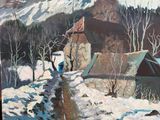 une peinture à l'huile représentant une personne marchant sur une route enneigée