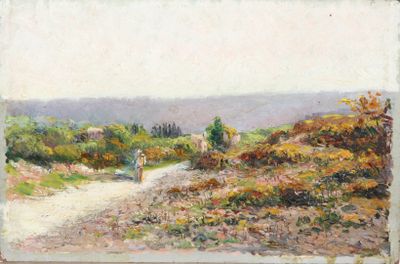 une image représentant un tableau où l'on voit une femme marchant sur un chemin de terre