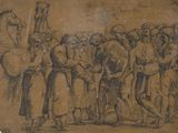 un vieux dessin représentant un groupe d'hommes debout devant une foule