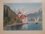 painting of a castle on a lake with a sailboat in the foreground