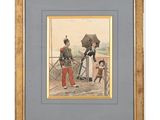 tableau représentant deux hommes et une femme avec un parapluie