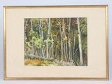 a painting of a painting of a forest with trees in the background