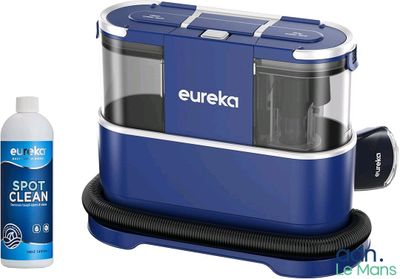 the blue and silver box is next to a bottle of water and a bottle of cleaner
