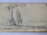 an old book with a drawing of a man standing next to a tree
