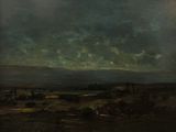 une image d'une peinture représentant un ciel nuageux au-dessus d'un champ