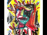 tirage encadré et sous passe-partout représentant une peinture abstraite colorée représentant le visage d'un homme